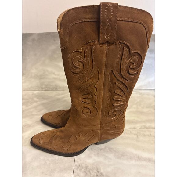 Mango MNG Women’s Leather Cowboy Boots Cutouts Brown Block Heel Size 7.5 New - Picture 3 of 10
